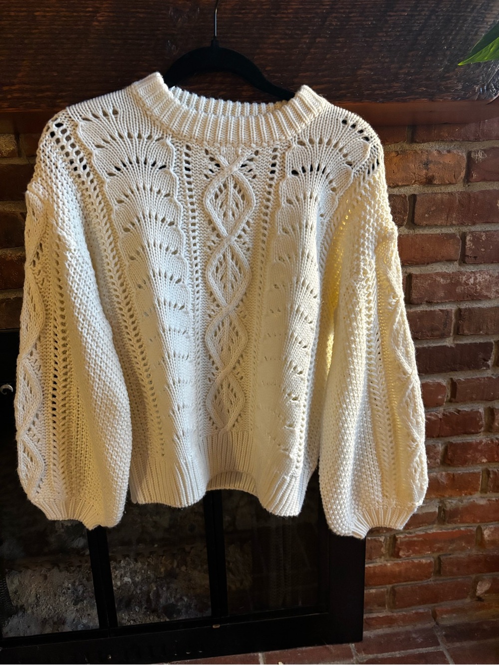 Line & Dot Cream Cable Knit Openwork Balloon Sleeve Sweater Large